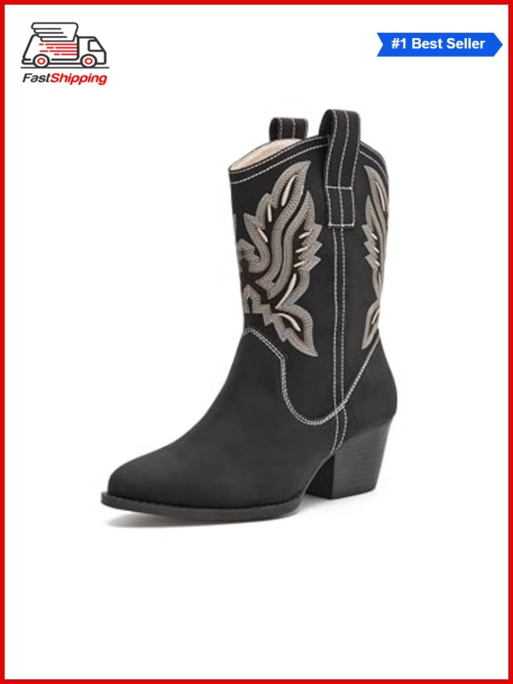 Suede Western Ankle Bootie Embroidered Chunky Heel Pointed Toe Pull-On